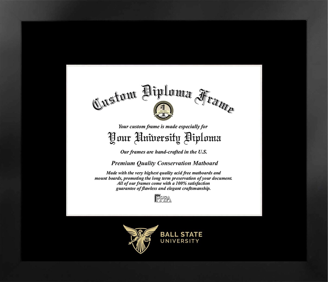 Ball State University 10w x 8h Manhattan Black Single Mat Gold Embossed Diploma Frame with Bonus Campus Images Lithograph (value savings at $59)